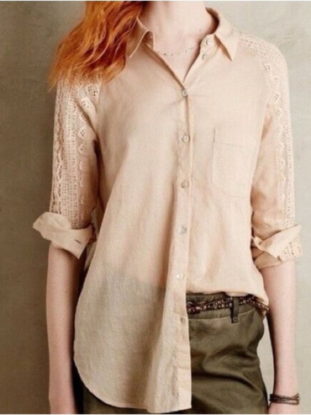 HOLDING HORSES Peach Lace-Trim Button Down Shirt
